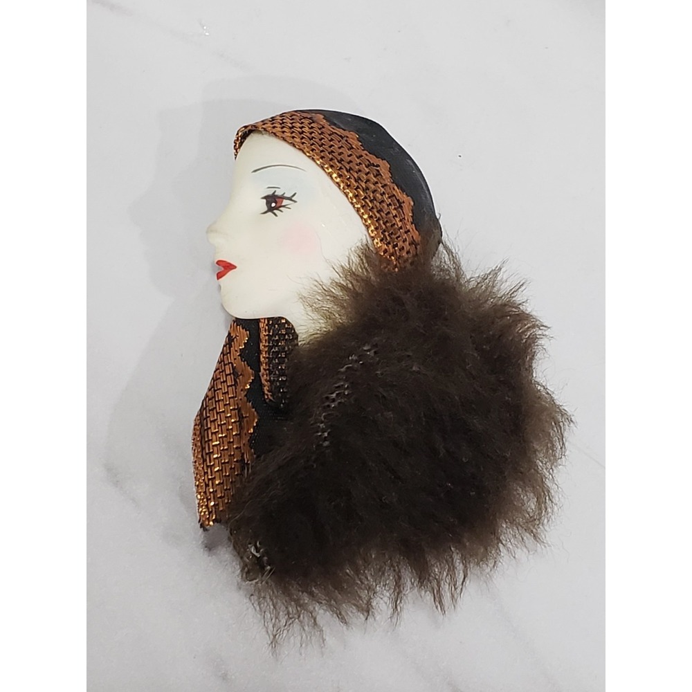 Vintage Lady Flapper Art Deco Victorian Brooch Pin  faux fur woman 1920s 30s
